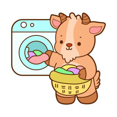 Şirin keçi hayvan simgesi çıkartmaları. Keçi çamaşır makinesinde çamaşır yıkıyor.