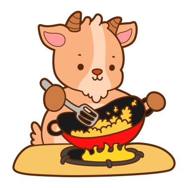 Cute goat animal icon stickers. Goat cooking a fried rice