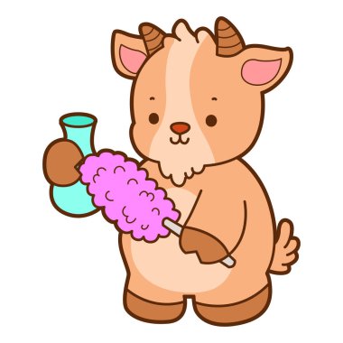 Cute goat animal icon stickers. Goat cleaning the vase with feather duster