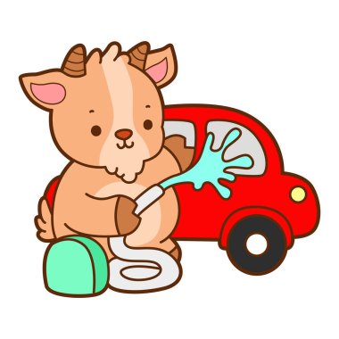 Şirin keçi hayvan simgesi çıkartmaları. Keçi araba yıkıyor.