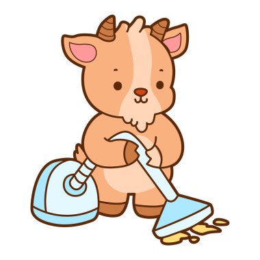 Şirin keçi hayvan simgesi çıkartmaları. Keçi süpürgeyle yerleri temizliyor.