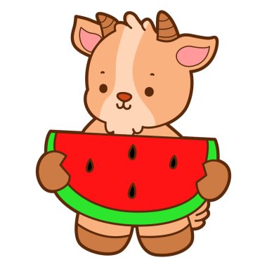 Şirin keçi hayvan simgesi çıkartmaları. Keçi, karpuz getir.