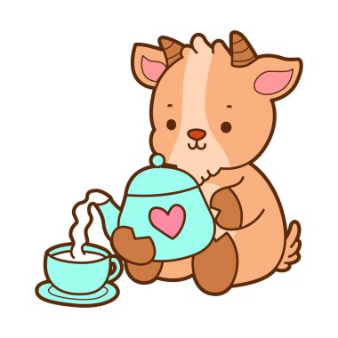 Şirin keçi hayvan simgesi çıkartmaları. Keçi çaydanlıktan çay dolduruyor.