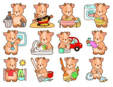 Şirin keçi hayvan simgesi çıkartmaları. İşlerin ve çamaşırların çeşitliliğinde keçi