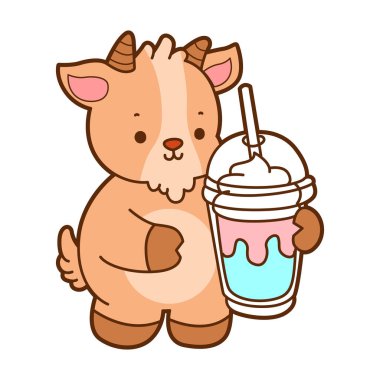 Cute goat animal icon stickers. Goat bring a milkshake
