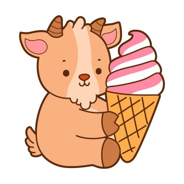 Şirin keçi hayvan simgesi çıkartmaları. Keçi çilekli dondurma getir.