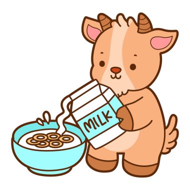 Şirin keçi hayvan simgesi çıkartmaları. Keçi mısır gevreği kasesine süt döküyor.