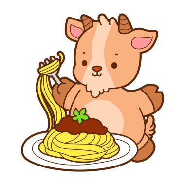 Şirin keçi hayvan simgesi çıkartmaları. Keçi spagetti yemek istiyor.