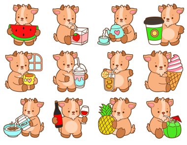 Şirin keçi hayvan simgesi çıkartmaları. İçki ve içeceğin çeşitliliğinde keçi