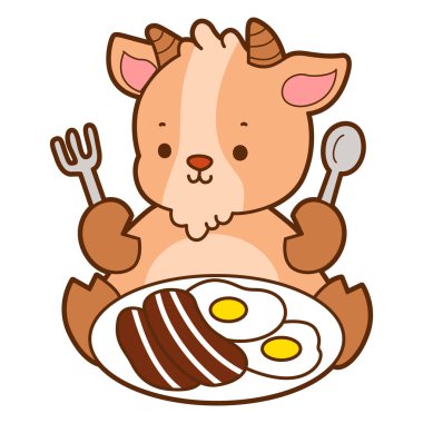 Şirin keçi hayvan simgesi çıkartmaları. Keçi pastırma ve yumurta yemek istiyor.