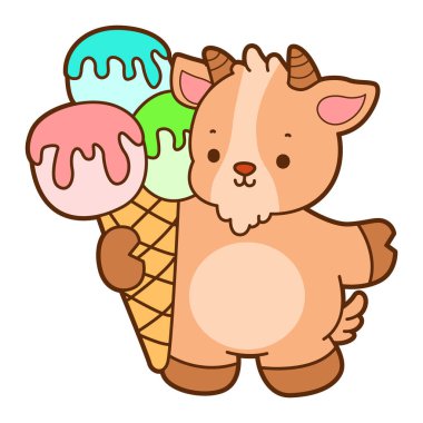 Şirin keçi hayvan simgesi çıkartmaları. Keçi, üç top dondurma getir.