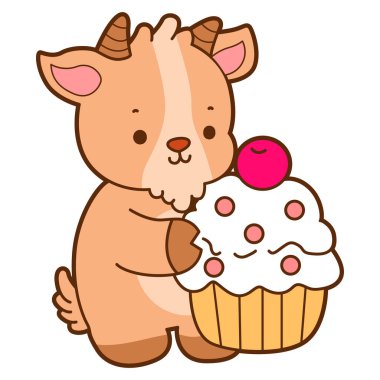 Şirin keçi hayvan simgesi çıkartmaları. Keçi, kremalı kek getir.