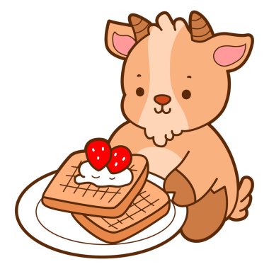 Şirin keçi hayvan simgesi çıkartmaları. Keçi çilekli ekmek yemek istiyor.