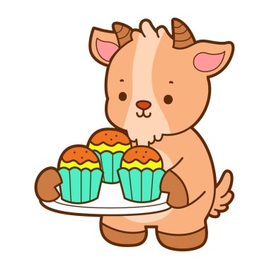 Cute goat animal icon stickers. Goat bring a three of cupcake