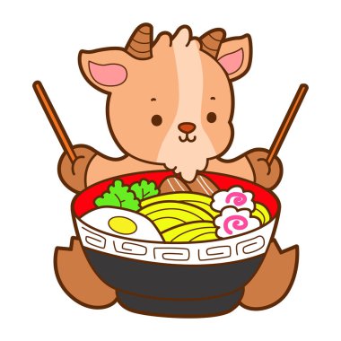Şirin keçi hayvan simgesi çıkartmaları. Keçi ramen yemek istiyor.