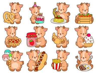 Şirin keçi hayvan simgesi çıkartmaları. Atıştırmalık ve tatlı çeşitlerinde keçi.