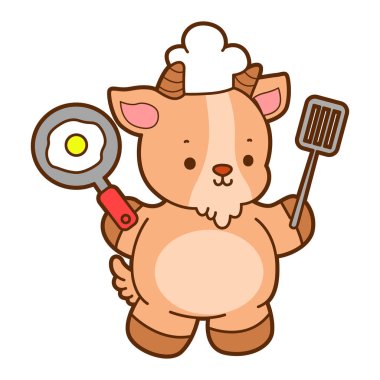 Şirin keçi hayvan simgesi çıkartmaları. Keçi yumurta pişirmek istiyor.