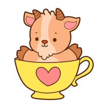 Şirin keçi hayvan simgesi çıkartmaları. Keçi çay fincanına sıkıştı.