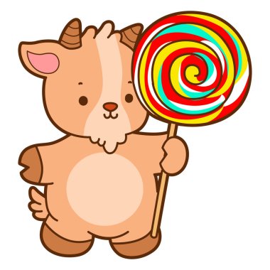 Şirin keçi hayvan simgesi çıkartmaları. Keçi, lolipop getir.