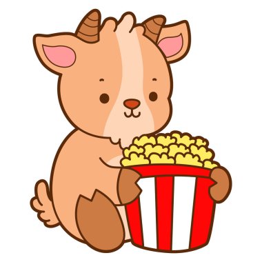 Şirin keçi hayvan simgesi çıkartmaları. Keçi patlamış mısır yiyor.