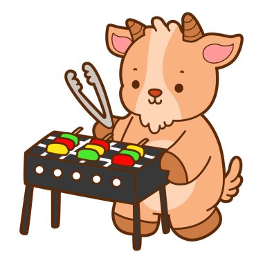 Şirin keçi hayvan simgesi çıkartmaları. Keçi barbeküyü kızarttı.