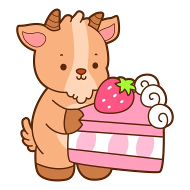 Şirin keçi hayvan ikonu etiketleri. Keçi çilekli kek getir.