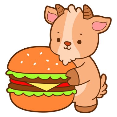 Şirin keçi hayvan simgesi çıkartmaları. Keçi, hamburger getir.