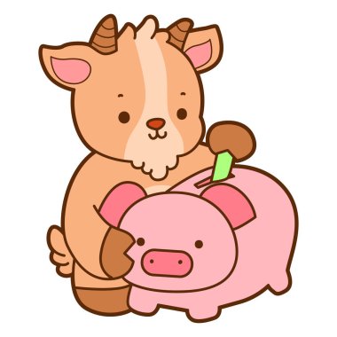 Şirin keçi hayvan simgesi çıkartmaları. Domuz kumbarasında keçi tasarrufu parası