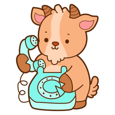 Şirin keçi hayvan simgesi çıkartmaları. Keçi telefonla arıyor.