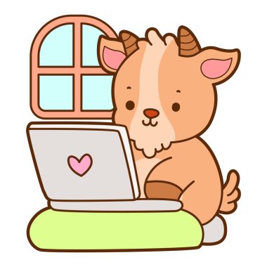 Şirin keçi hayvan simgesi çıkartmaları. Keçi not defterine yazı yazıyor.