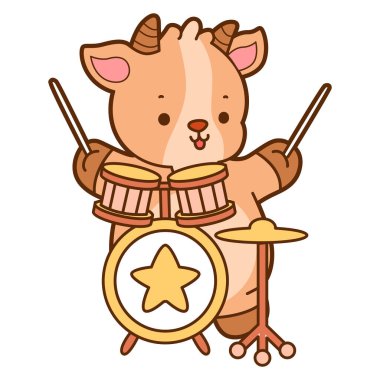 Şirin keçi hayvan simgesi çıkartmaları. Keçi bandoda davul çalıyor.