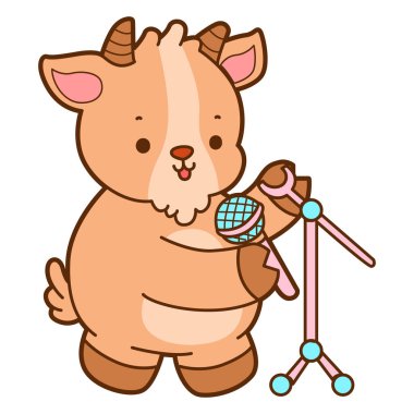 Şirin keçi hayvan simgesi çıkartmaları. Keçi mikrofonla şarkı söylüyor.