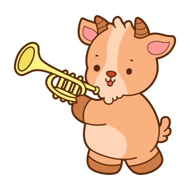 Şirin keçi hayvan simgesi çıkartmaları. Keçi trompet çalıyor.