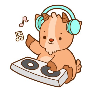 Şirin keçi hayvan simgesi çıkartmaları. Keçi barda disk çalıyor.