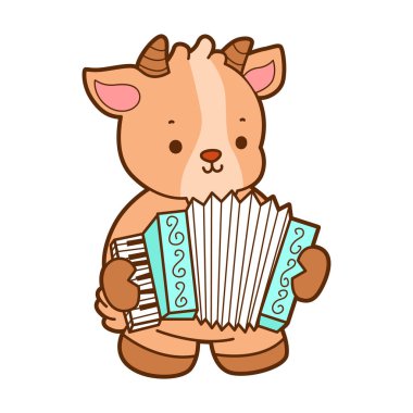 Şirin keçi hayvan simgesi çıkartmaları. Keçi akordeon çalıyor