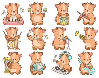 Şirin keçi hayvan simgesi çıkartmaları. Müzik ve enstrüman çeşitliliğinde keçi