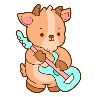 Şirin keçi hayvan simgesi çıkartmaları. Keçi gitar çalıyor.