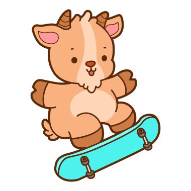 Şirin keçi hayvan simgesi çıkartmaları. Keçi kaykay oynuyor.