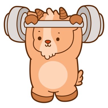 Şirin keçi hayvan simgesi çıkartmaları. Keçi dambılı kaldırıyor.