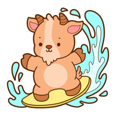 Şirin keçi hayvan simgesi çıkartmaları. Keçi sörf yapıyor.