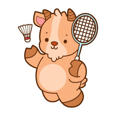 Şirin keçi hayvan simgesi çıkartmaları. Keçi badminton oynuyor.
