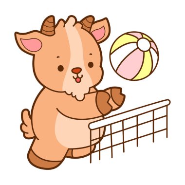 Şirin keçi hayvan simgesi çıkartmaları. Keçi voleybol oynuyor.