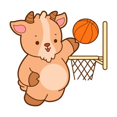 Şirin keçi hayvan simgesi çıkartmaları. Keçi basketbol oynuyor.