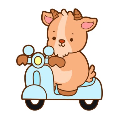 Şirin keçi hayvan simgesi çıkartmaları. Scooter süren keçi.