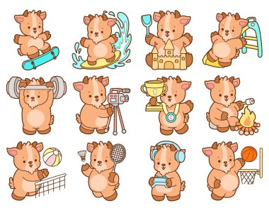 Şirin keçi hayvan simgesi çıkartmaları. Keçi spor ve spor çeşitliliğinde