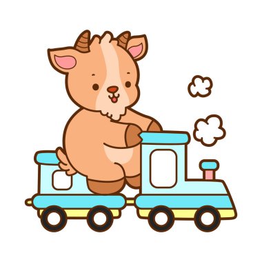 Şirin keçi hayvan simgesi çıkartmaları. Trene binen keçi