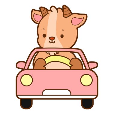 Şirin keçi hayvan simgesi çıkartmaları. Keçi araba kullanıyor.