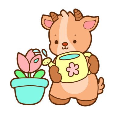 Şirin keçi hayvan simgesi çıkartmaları. Keçi çiçekleri suluyor.