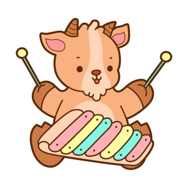 Şirin keçi hayvan simgesi çıkartmaları. Keçi ksilofonla oynuyor