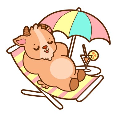 Şirin keçi hayvan simgesi çıkartmaları. Sahilde yatan keçi